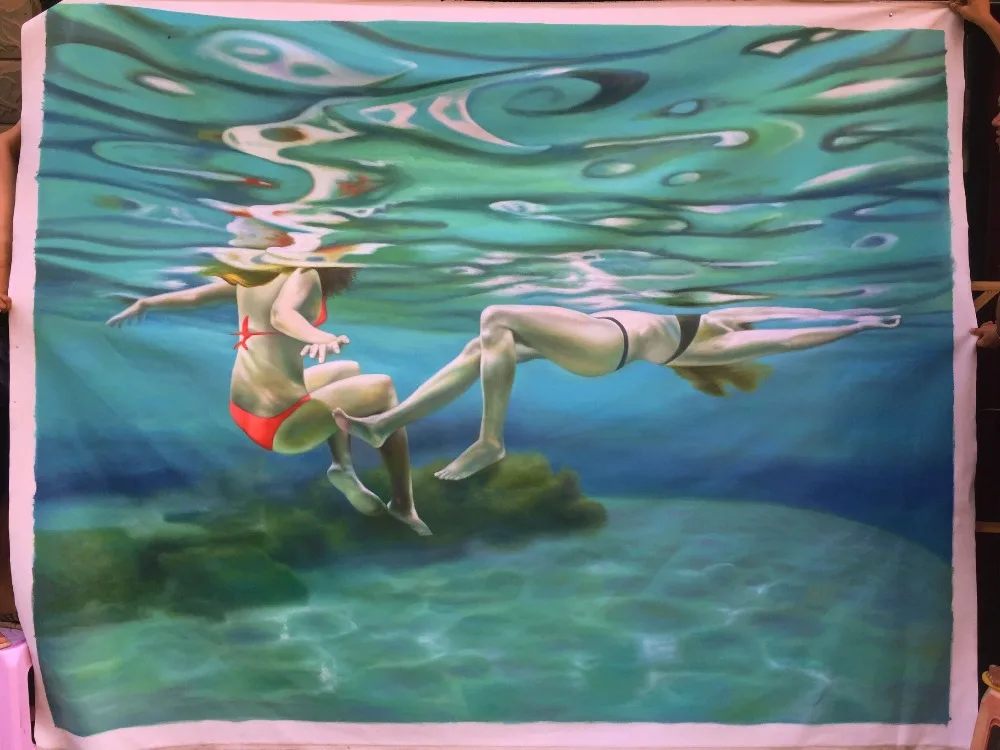 Beste Handgemaakte Aanpassen Schilderen Zwemmen Meisjes Zeegezicht Schilderen Olie Op Canvas Sexy Vrouw Portret Arts Wanddecoratie Schilderij