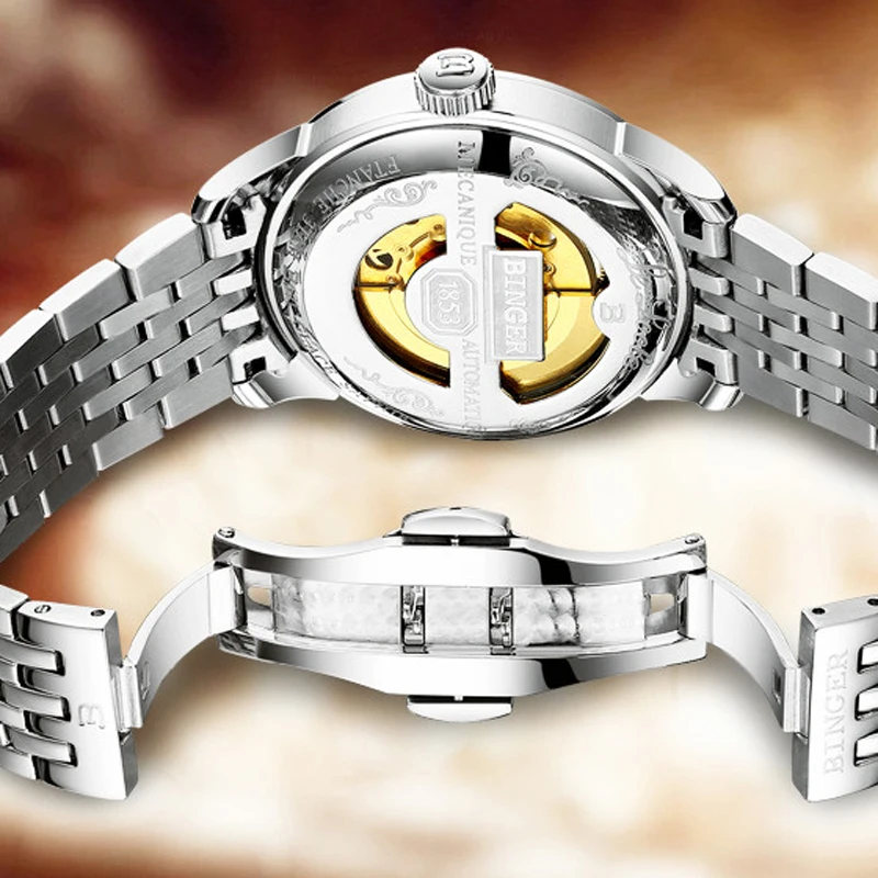 BINGER Brand Men 316L Stainless stee Strap Automatic Mechanical Male self-wind Simple Sapphire Ultrathin Watch Mens | Наручные часы