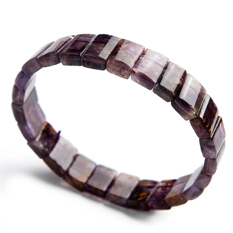

Genuine Natural Purple Gold Titanium Cacoxenite Rutilated Quartz Rectangle Bead Stretch Healing Bracelet