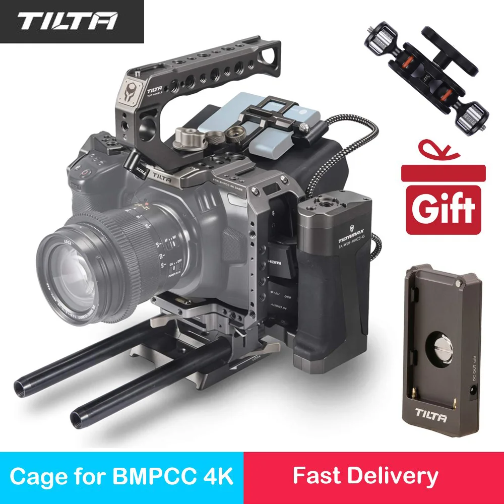 

Tilta TA-T01-A-G полный корпус для камеры Верхняя ручка деревянная боковая ручка F970 аккумуляторная пластина для Blackmagic Pocket BMPCC 4K / 6K камера