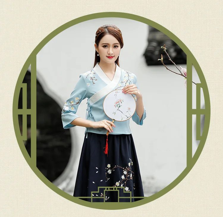Hanfu Xia Pao рубашка Античная Мода вышивка художественная восстановление чай церемония китайский стиль Одежда Qipao народные женские топы синий