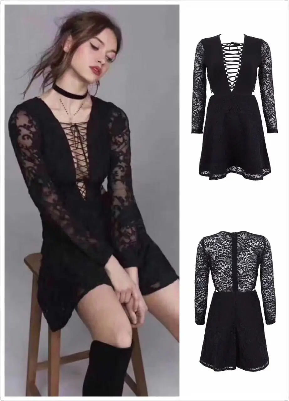 

Casual Women Dress Long Lace Sleeve Black Lace Up V Neck Mini Bandage Dress
