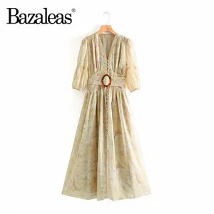 Bazaleas, v-образный вырез, праздничное, длинное, Vestidos, Ретро стиль, Круглый пояс, женские платья, половина рукава, женское платье, повседневное, Прямая поставка - Цвет: WW3 yellow