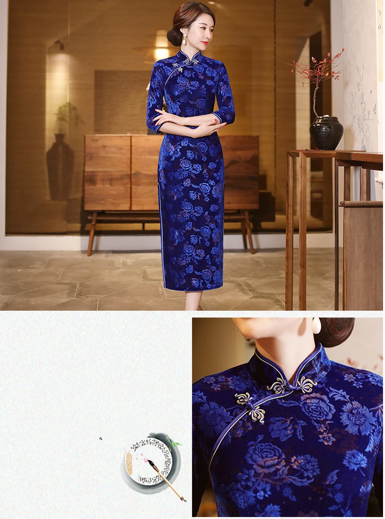 Sheng Coco Восточное бархатное платье Чонсам с китайским принтом Qipao элегантное эластичное бархатное платье-корсет Классический Qipao Китай 4XL