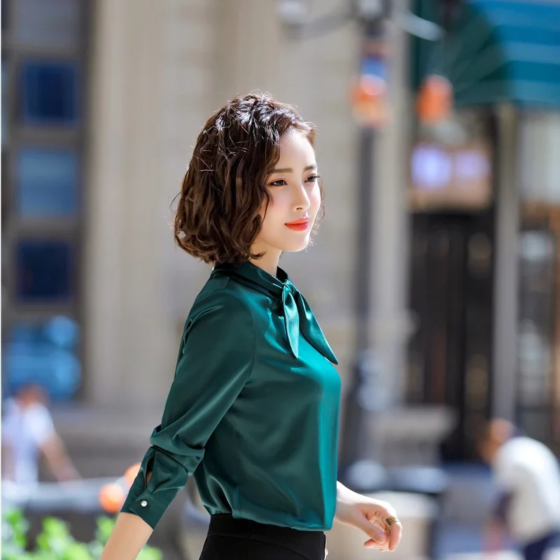 Блузка женская шифоновая с длинным рукавом модная черно зеленая рубашка одежда