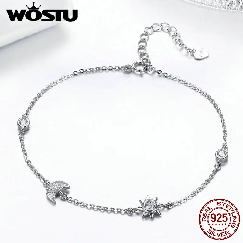 WOSTU Новая мода стерлингового серебра 925 солнце& Луна звено цепи браслет для женщин S925 серебряная цепь подарок BKB081