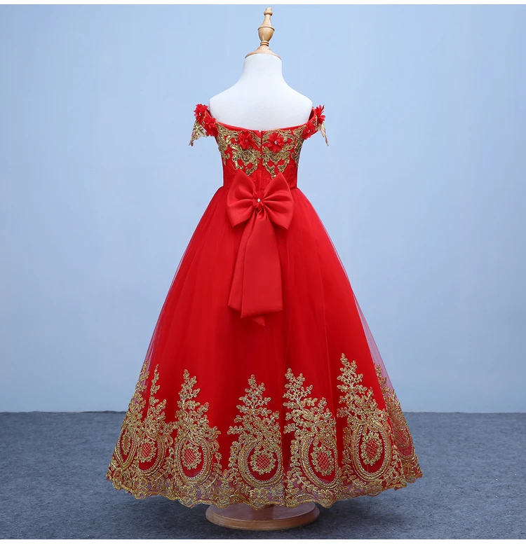 Elegant Red Tulle Appliques Girls Wedding Dress Shoulderless Kids Party Prom Dresses Lace First Communion for Birthday | Детская одежда