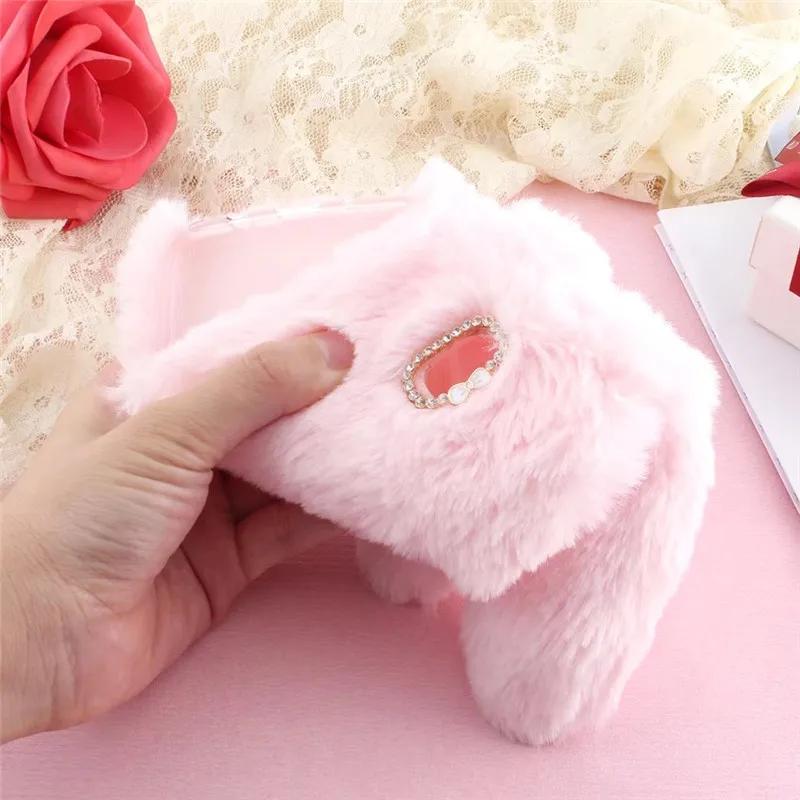 For Sumsung Galaxy S10 S9 S8 Plus S7 S6 edge Note8 Note9 Soft TPU 3D Cute Rabbit Etui Hairy Warm Fur Doll Rhinestone Plush Cases |