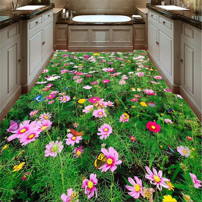 Пользовательские фото 3D носимый ПВХ пол цветок бабочка Туалет Ванная комната Пол