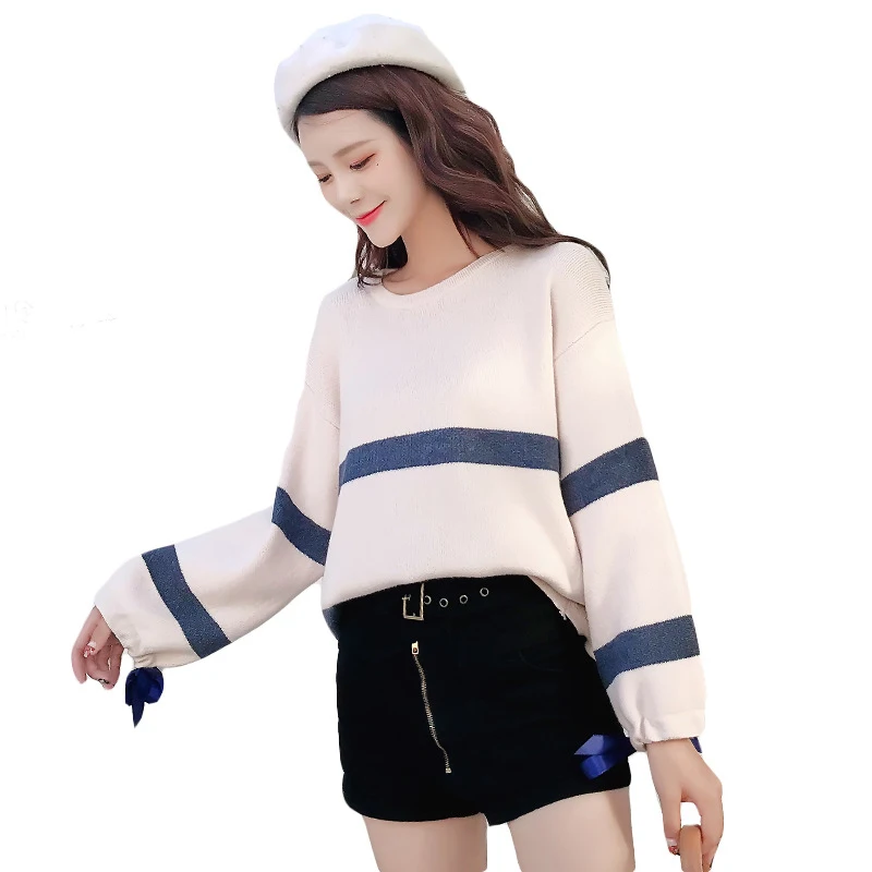 

2019 Winter Sweater Women Loose Bowknot Lace Up Sweater Women Stripe Long Sleeve Knitted Sweater And Pullovers Jumper Pull Femme
