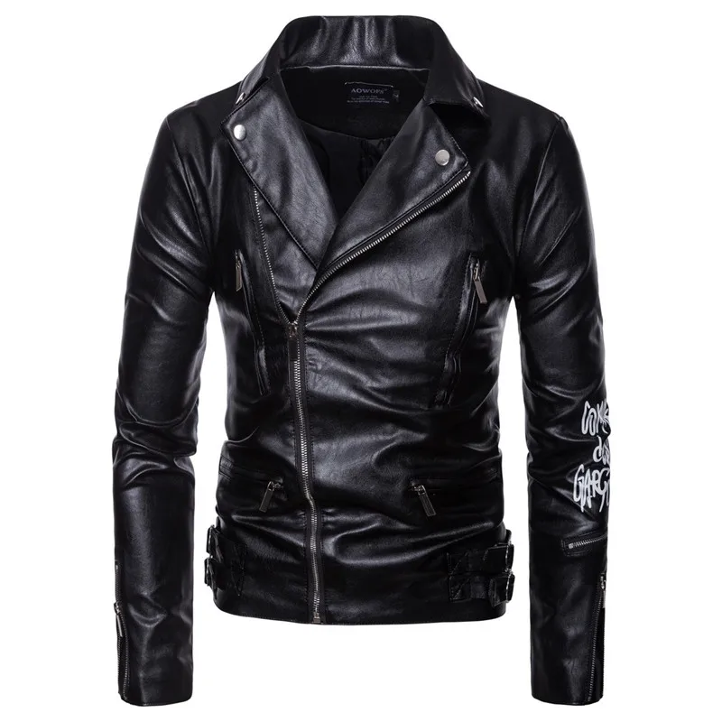 

AOWOFS Men Motorcycle Coats Jaket Men Deri Mont Ceket Spring Leather Jacket Men Letter Print Leather Biker Jacket Plus Size 5XL