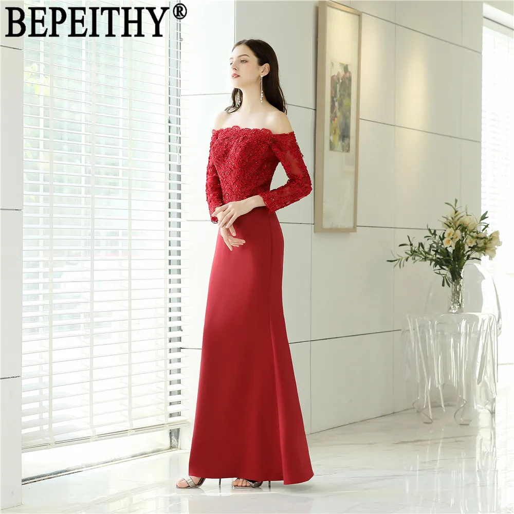BEPEITHY vestido de festa дизайн вырез лодочка, аппликация бисером красные атласные длинные в стиле русалки вечерние платья