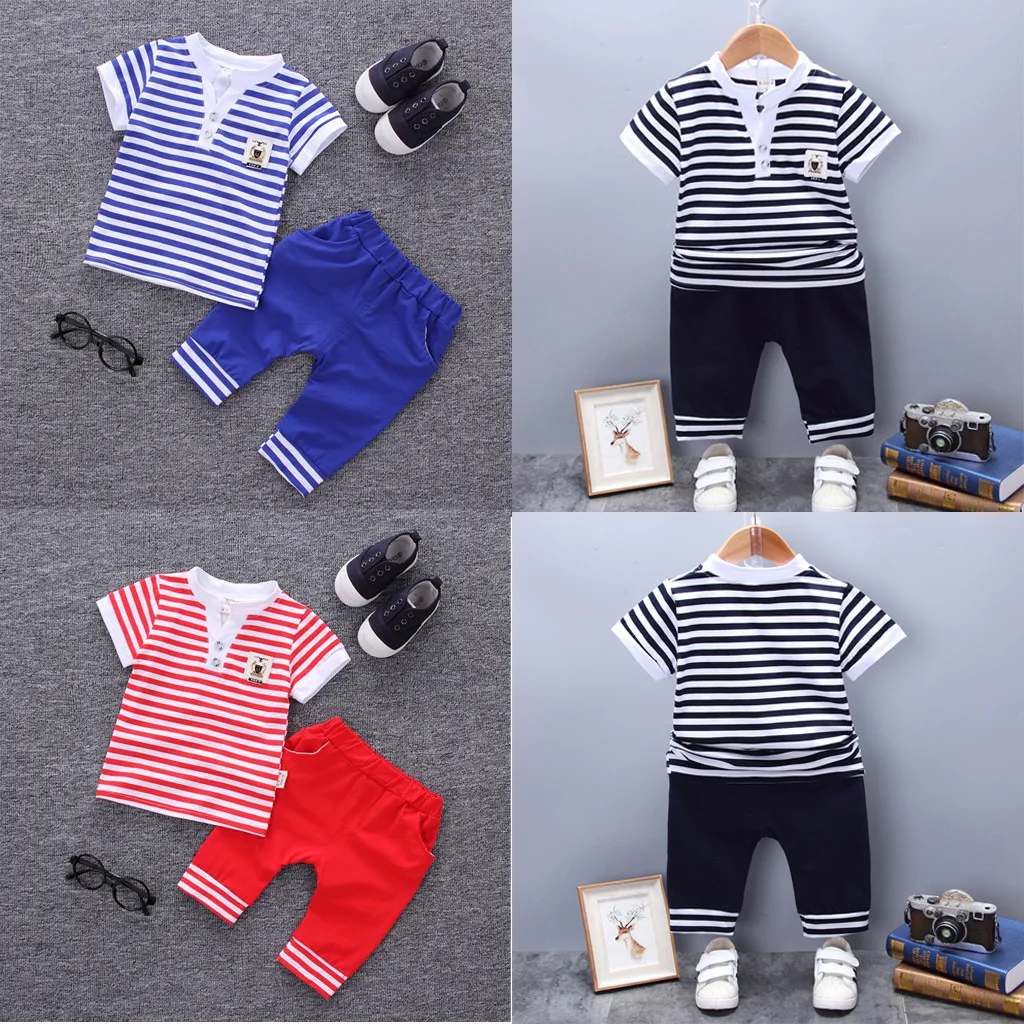 

TELOTUNY/летний костюм для маленьких мальчиков футболка в полоску для мальчиков топы, штаны с короткими рукавами комплект одежды темно-синего ц...
