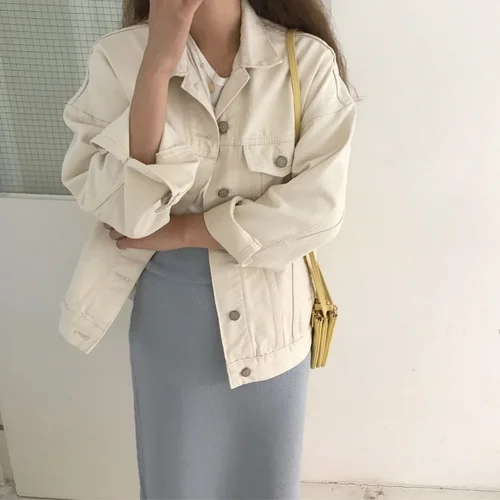 Korean Casual Loose White Denim Jacket Fashion Single Breasted Peter Pan Collar Brief Coats Women Женская одежда