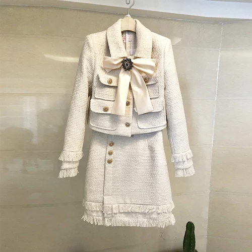 beige Новинка, Осенний подиумный твид, комплект из 2 предметов, юбка, женский зимний Черный жакет с бантом, пальто+ высокая талия, мини-карандаш с кисточками, полушерстяные костюмы - Цвет: beige
