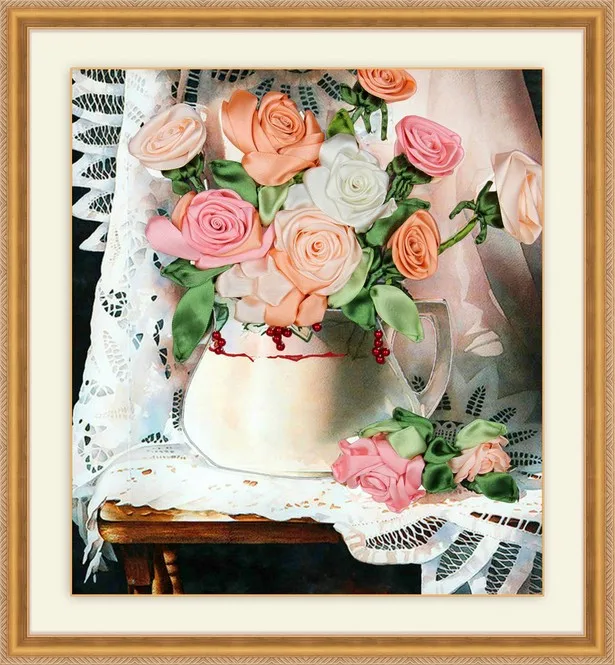 3D flower 37x40cm Чистый запас очень дешево, Набор для вышивки лентами, набор розовых цветов, пятнистый набор для рукоделия, сделай сам, ручная работа, рукоделие, искусство, домашний декор - Цвет: 3D flower 37x40cm