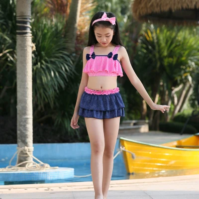 Free Shopping Hot Summer Girls Swimsuit with a Cute Bow Kids Bikini set Baby Plaid Swimwear for about 7-16 Years old | Женская одежда