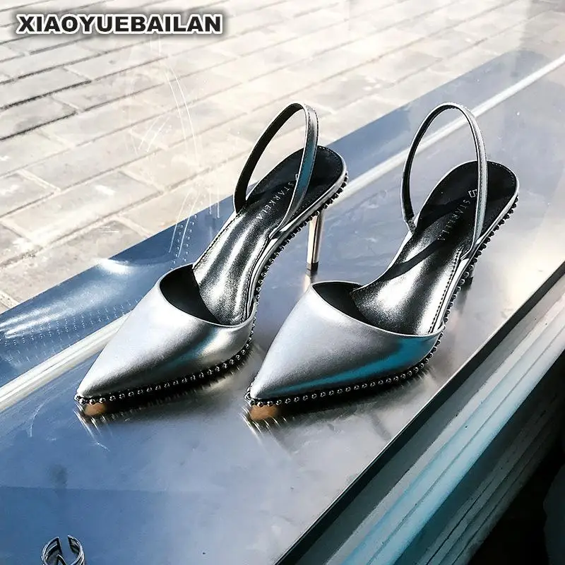 Новинка весна лето 2018 тонкие туфли с металлическими бусинами в стиле ретро