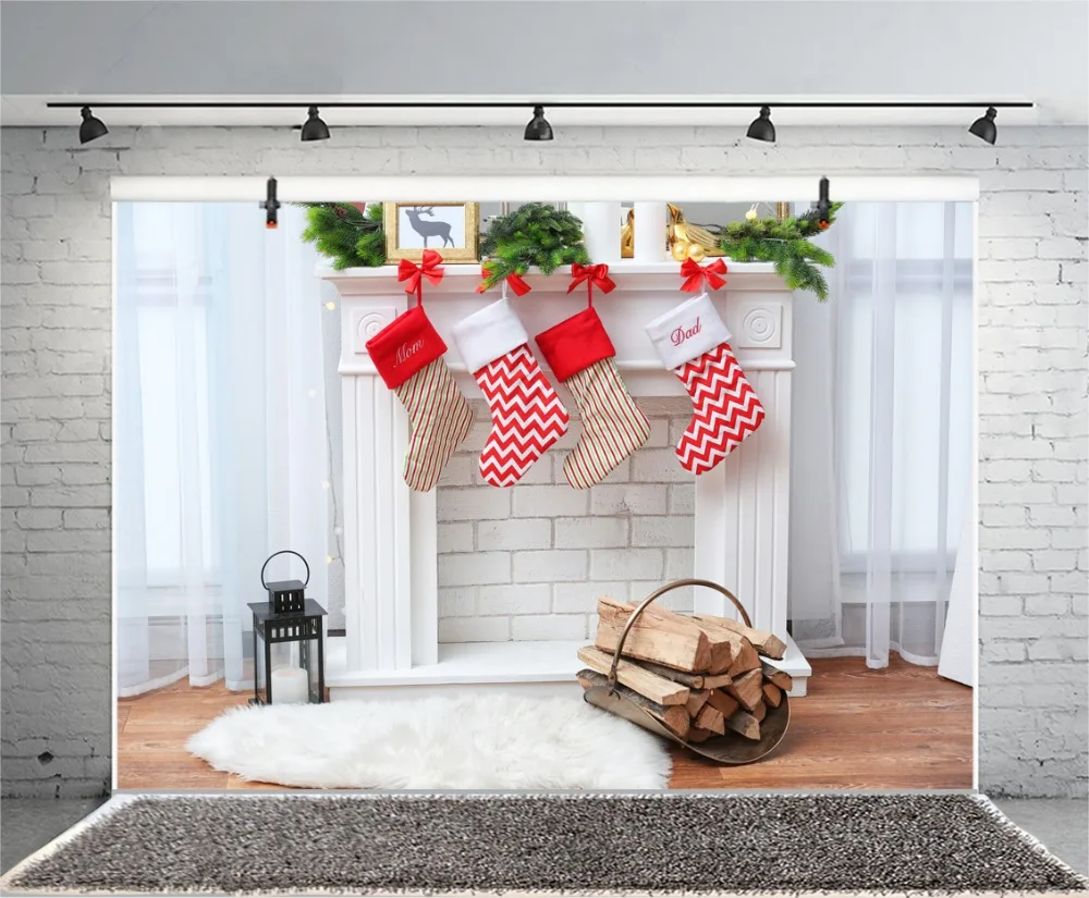 Laeacco Christmas Fireplace Stockings Woods Carpet Photography Backgrounds Customized Photographic Backdrops For Photo Studio |