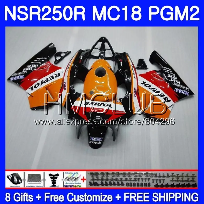 No. 1 Комплект для HONDA NSR 250 R MC18 PGM2 СМП 250R NS250 NSR250R 88 89 93HM. 8 NSR250 R RR NSR250RR 1988 1989 88 89 обтекателя Repsol orange - Цвет: No. 1