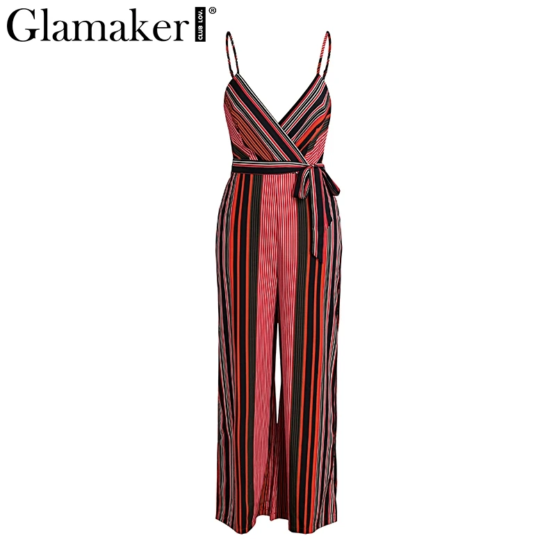Stripe2 Glamaker Сексуальная multi полосатый сексуальный комбинезон женские свободные wrap высокая Талия Длинные летние комбинезоны, комплекты для игр женский ремень Комбинезоны - Цвет: Stripe2