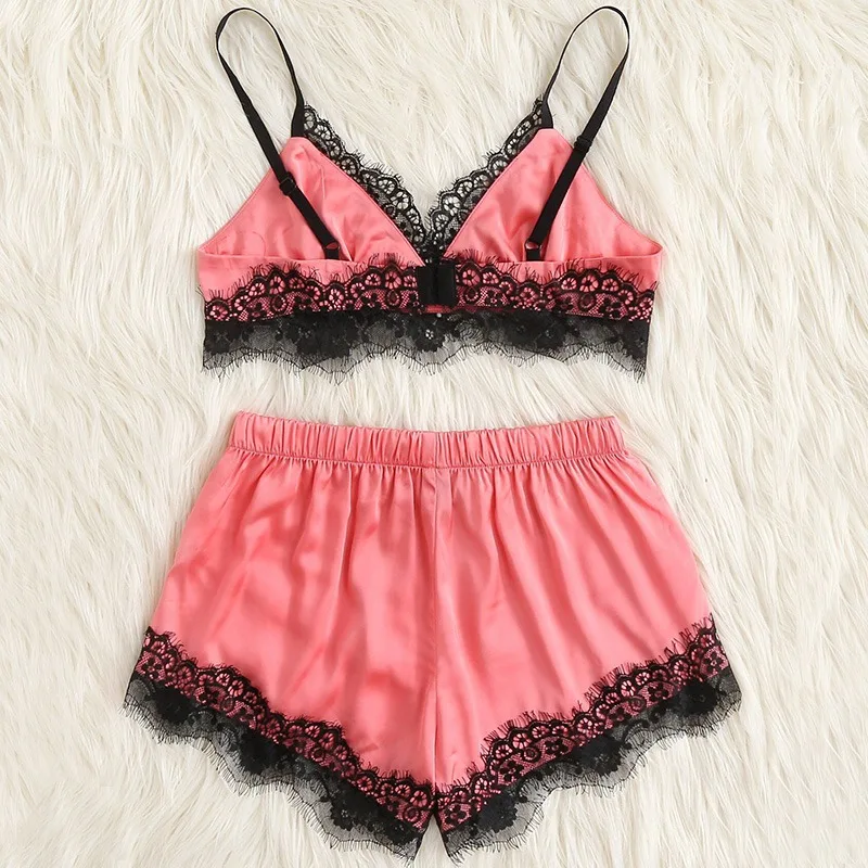 

2019 Women new Spaghetti Lace Sexy Pajama Set Summer Shorts Sets Sleepwear Satin Pajama Cami Top + Shorts Pajamas