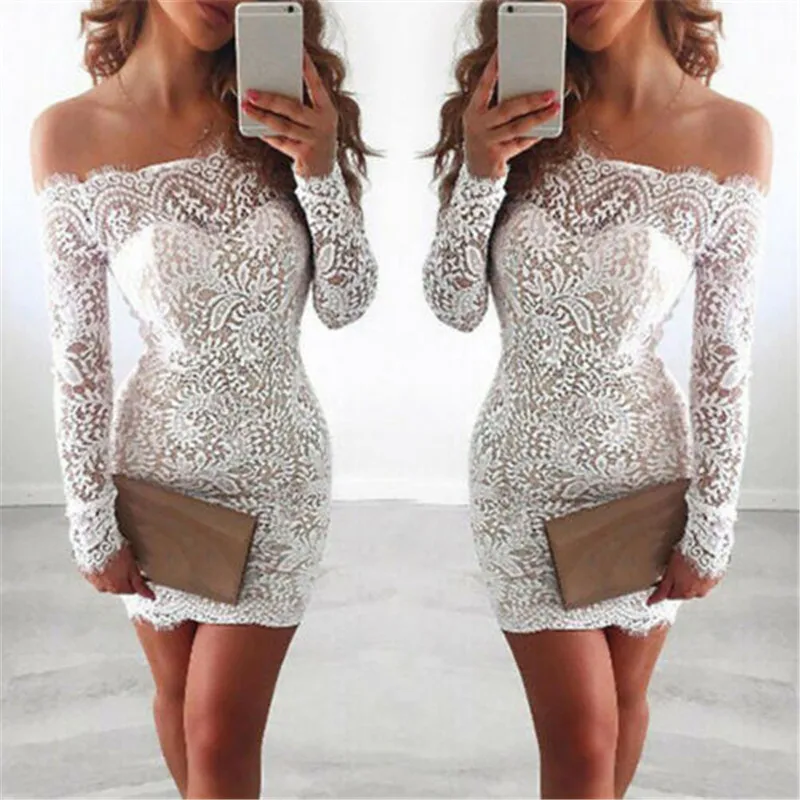 Элегантное женское кружевное платье с длинным рукавом и воротником облегающее