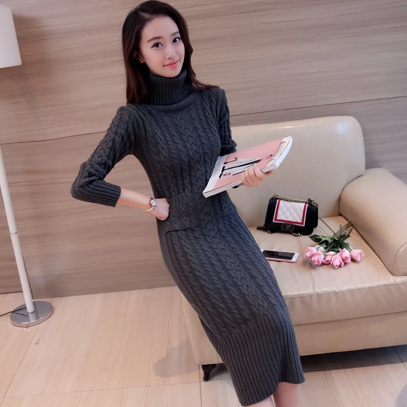2017new korean Winter Women Sweater Dress Korean High-Necked Long Slim Twist Turtleneck Knitted | Женская одежда