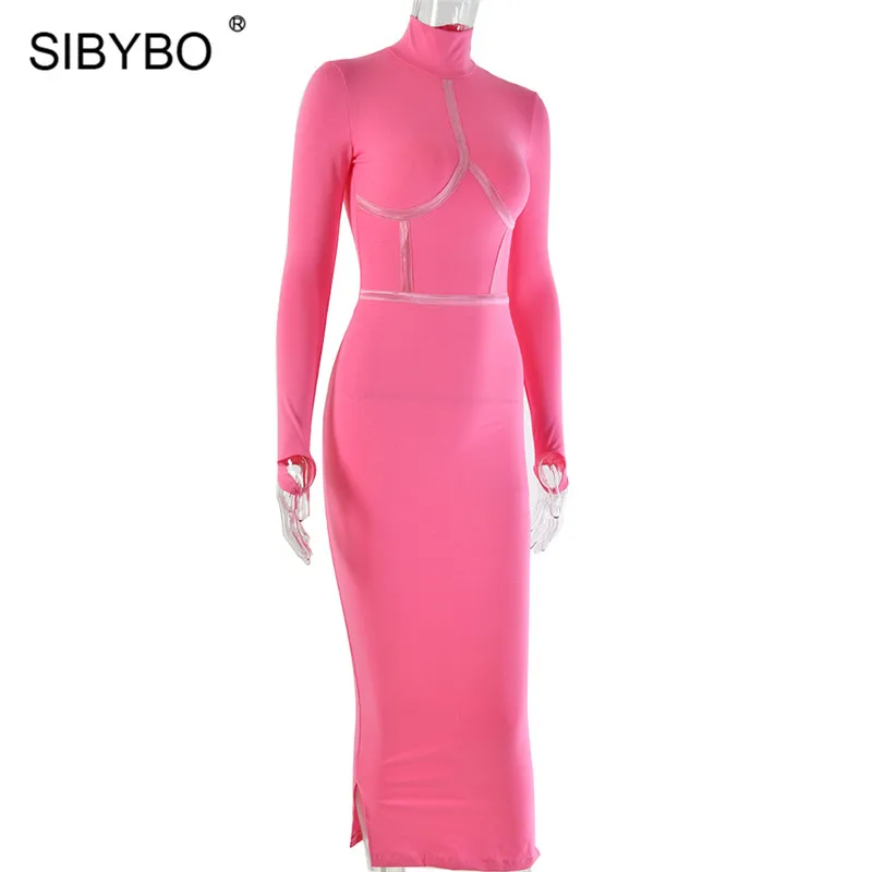 Sibybo, водолазка, хлопок, длинное платье для женщин, в стиле пэчворк, с длинным рукавом, сексуальное, облегающее платье, одноцветное, для девушек, повседневные платья
