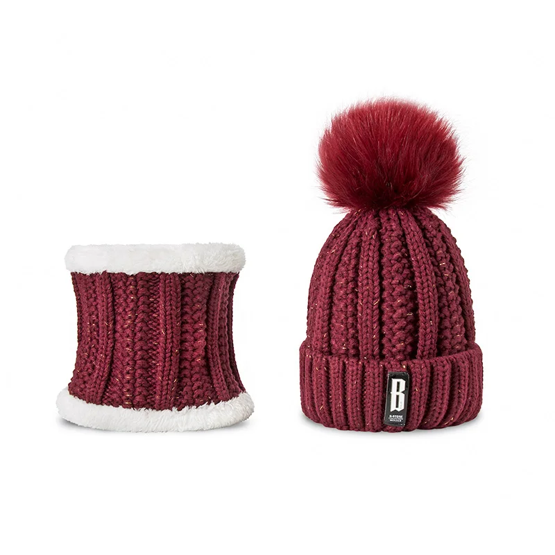 Dark Red Fashion Pompoms Women Winter Hat Scarf Set Girls Boys Warm Knitted Caps Scarves Men Female Sets 2 Pieces Unisex Hats Scarves - Цвет: Dark Red
