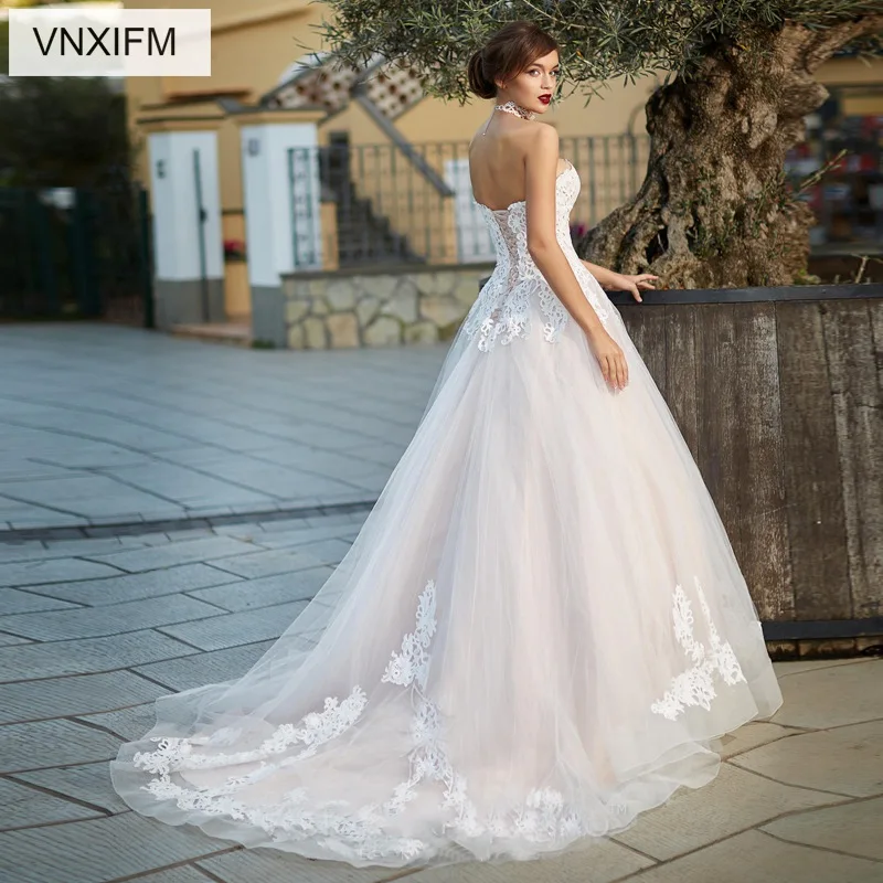 VNXIFM милая без бретелек рукавов с коротким шлейфом Аппликации Кружева 2019 пляж
