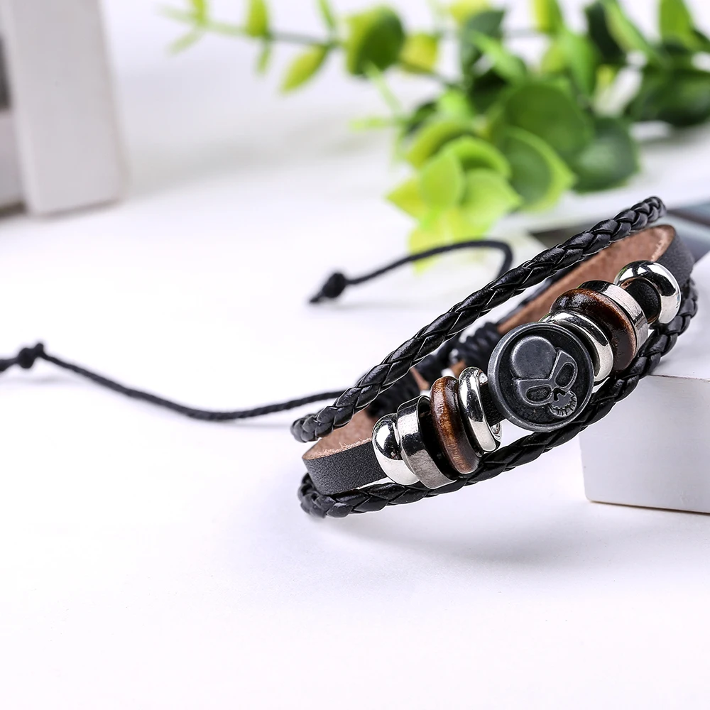 Кожаный браслет Octbyna в стиле панк с черепом из бисера амулеты и браслеты для