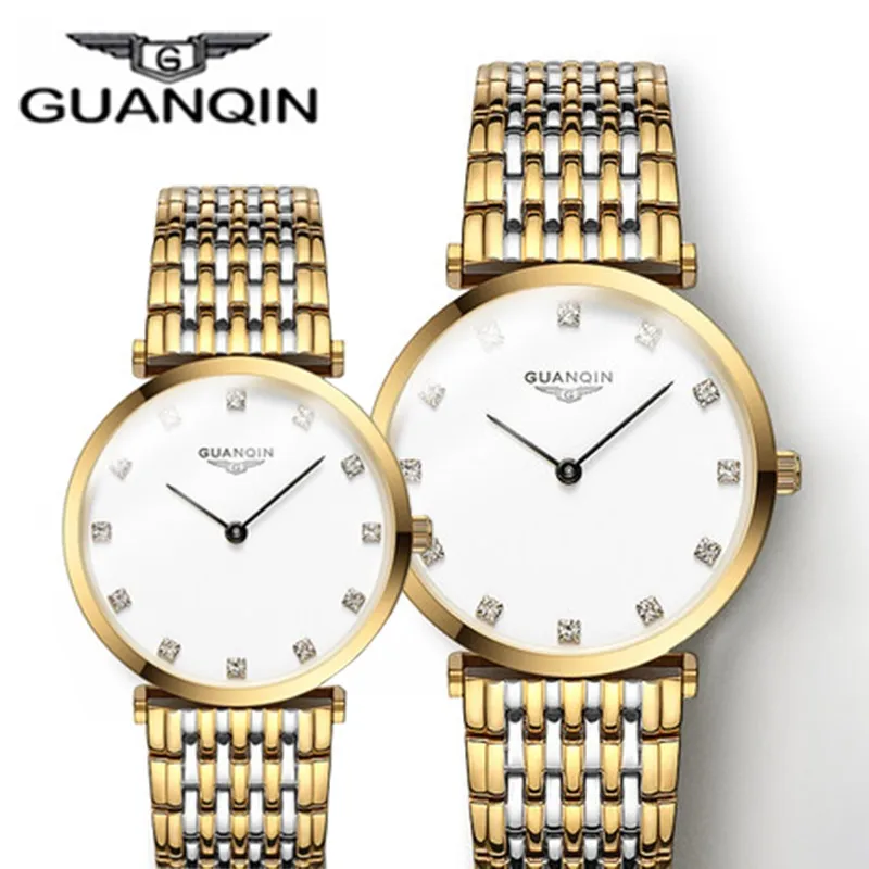 gold white GUANQIN модные часы для пары Набор Алмазные Роскошные Кварцевые часы мужские женские наручные часы для влюбленных часы мужские часы relogio masculino - Цвет: gold white