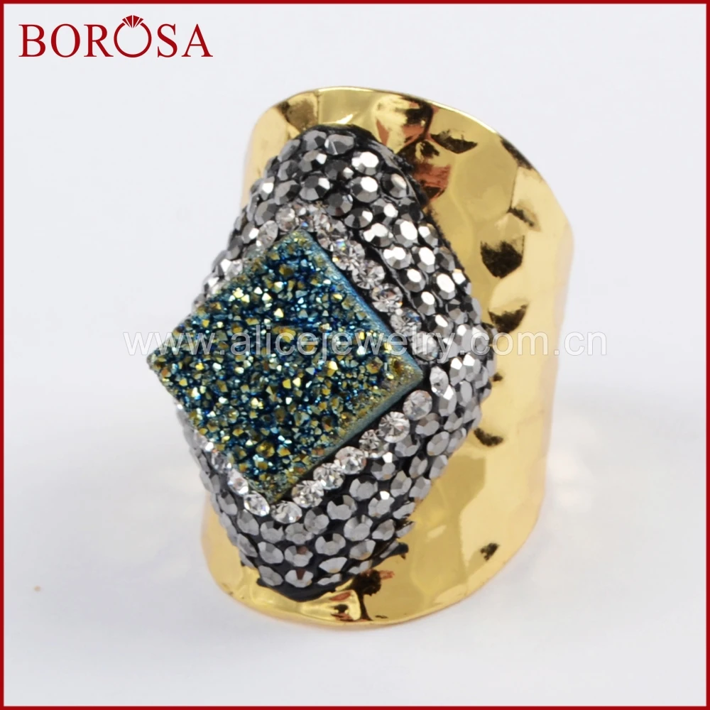 

BOROSA New 14x14mm Rhombus Shape Natural Druzy Crystal Gold Band Ring, Rhinestone Pave Rainbow Crystal Drusy Ring Gems JAB833