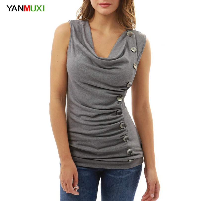 Боковой кнопки Дизайн Для женщин футболка Лето 2017 г. Офис спецодежды