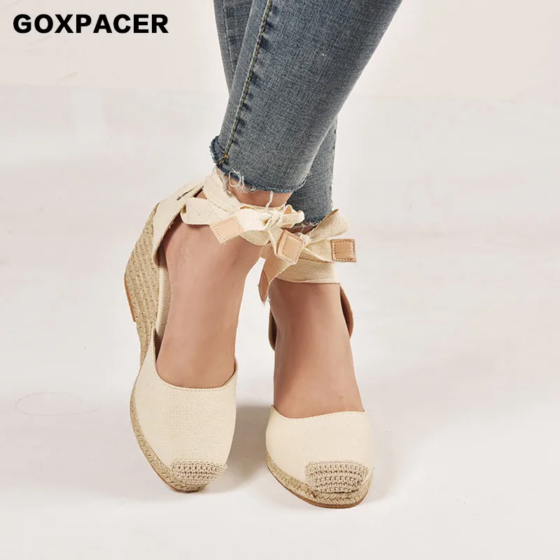 Новинка 2019 стильные сандалии GOXPACER на танкетке из пеньковой веревки с легкой