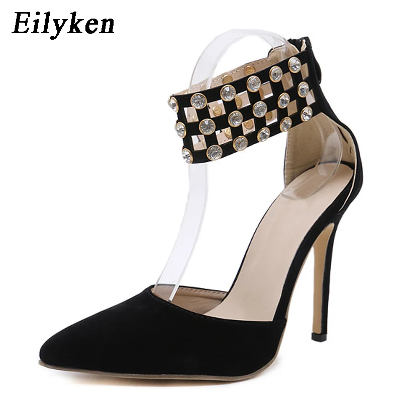 Eilyken/женские туфли-лодочки из флока со стразами; модные женские туфли на высоком каблуке с острым носком на молнии; chaussure femme Talon
