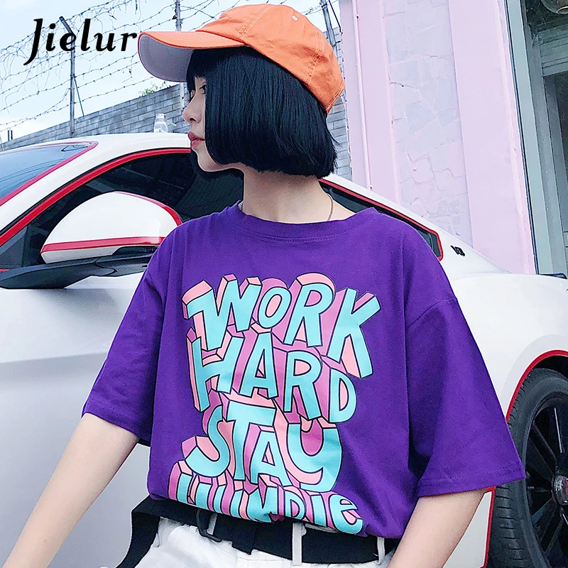 Jielur Harajuku Фиолетовый Топ Femme S-XL повседневное с буквенным принтом корейский стиль