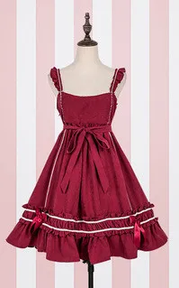 wine red JSK Японское милое женское платье-джемпер в стиле Лолиты для молодых девушек, студенток, мягкое платье на бретелях с оборками и бантом для девочек - Цвет: wine red JSK