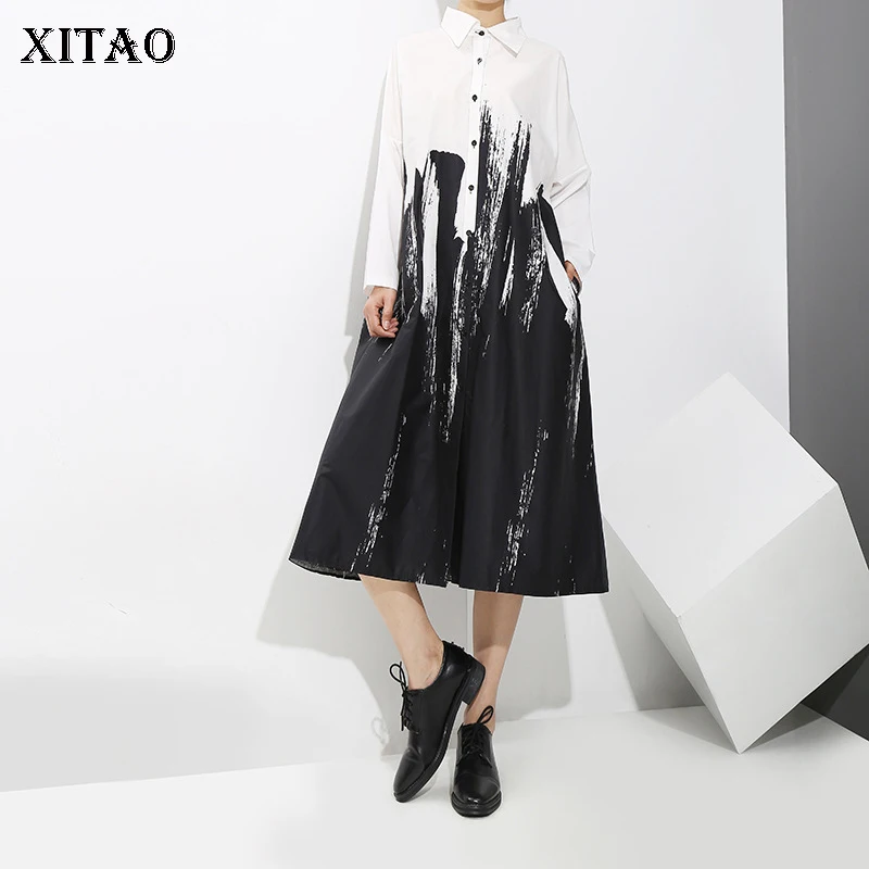 XITAO принт летнее платье с узором для женщин Корея отложной воротник большой размер дикий Джокер Полный рукав повседневное карман Новинка LJT1062