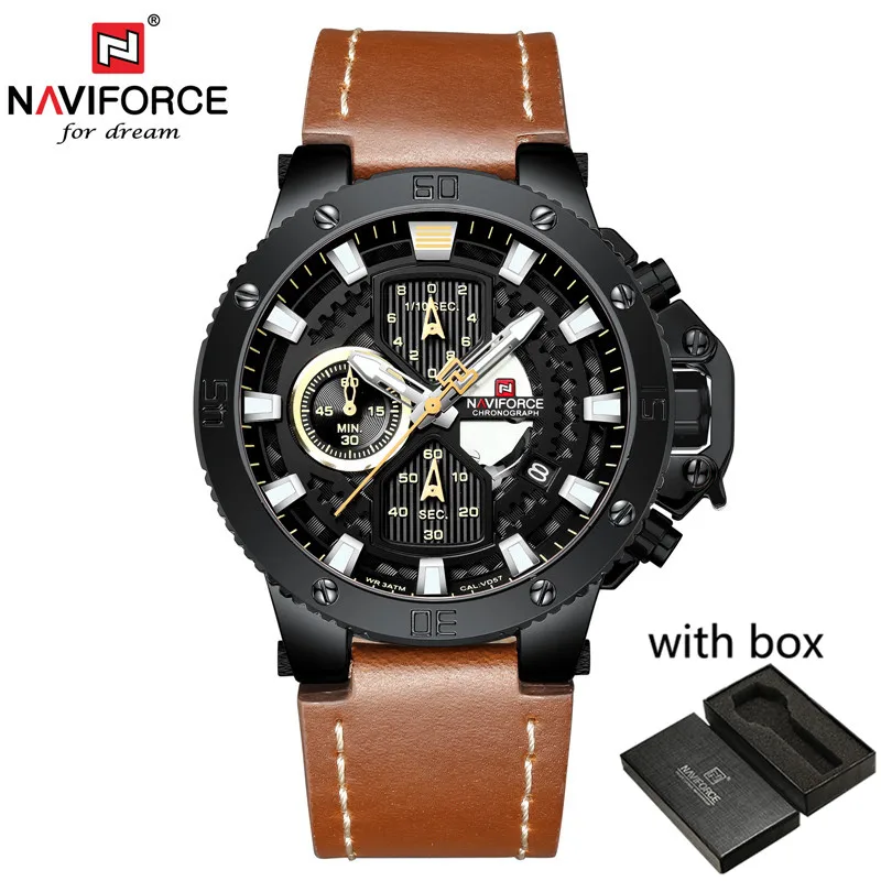NA915904 with box Relogio Masculino NAVIFORCE для мужчин часы лучший бренд класса люкс Спортивный Хронограф Военная Униформа АРМИЯ кварцевые кожаные часы на запястье мужской 9159 - Цвет: NA915904 with box