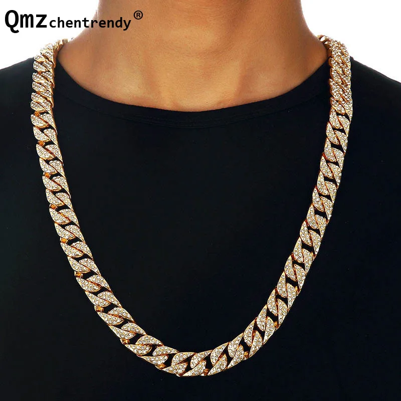 

Hip Hop Bling Fully Iced Out Rhinestoe Mens Miami Cuban Link Chain Golden Necklaces Simulated Gemstone Club Bar Chains Jewelry