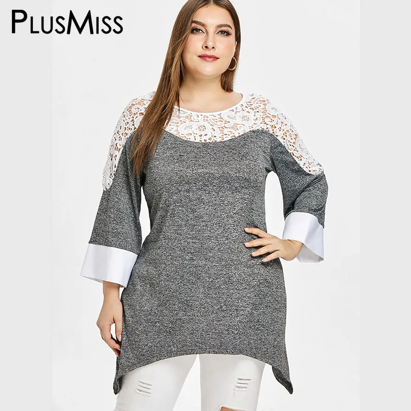 PlusMiss размера плюс XXXXXL цветочный из кружев кроше с Длинная блузка женские большие