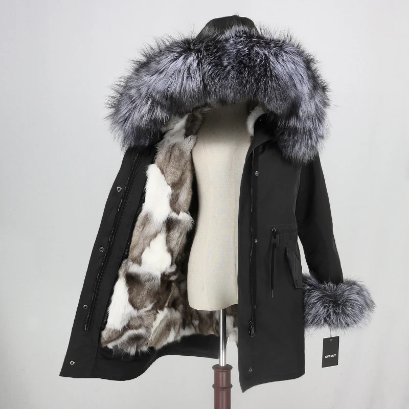 black silver OFTBUY натуральный мех пальто зимняя куртка Женская водонепроницаемая длинная парка натуральный Лисий Мех Верхняя одежда уличная Съемная Толстая теплая - Цвет: black silver
