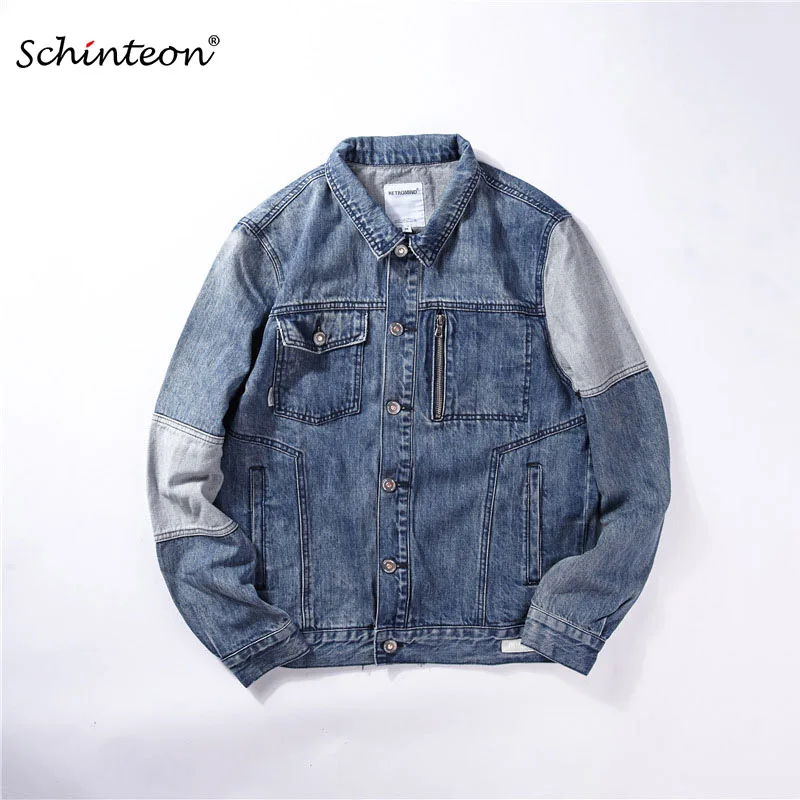 

Schinteon 2018 Men Autumn Washed Spliced Denim Jacket Outwear Vintage Coat 100% Cotton Top Quality