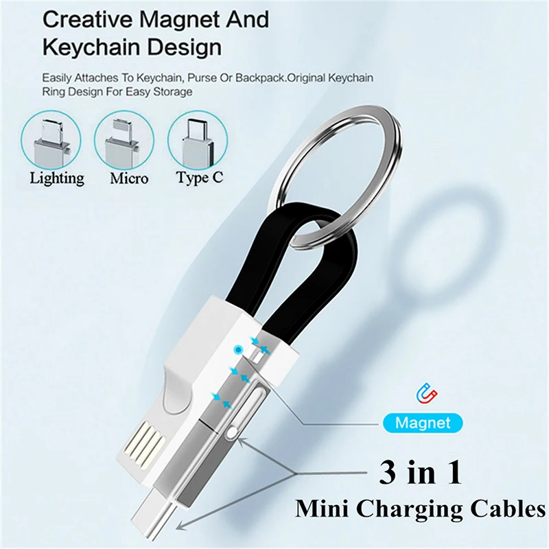 3 в 1 брелок USB кабель для зарядки Micro usb type C кабель для освещения для iPhone XS Android 2A Мини Брелок Зарядное устройство кабели для зарядки