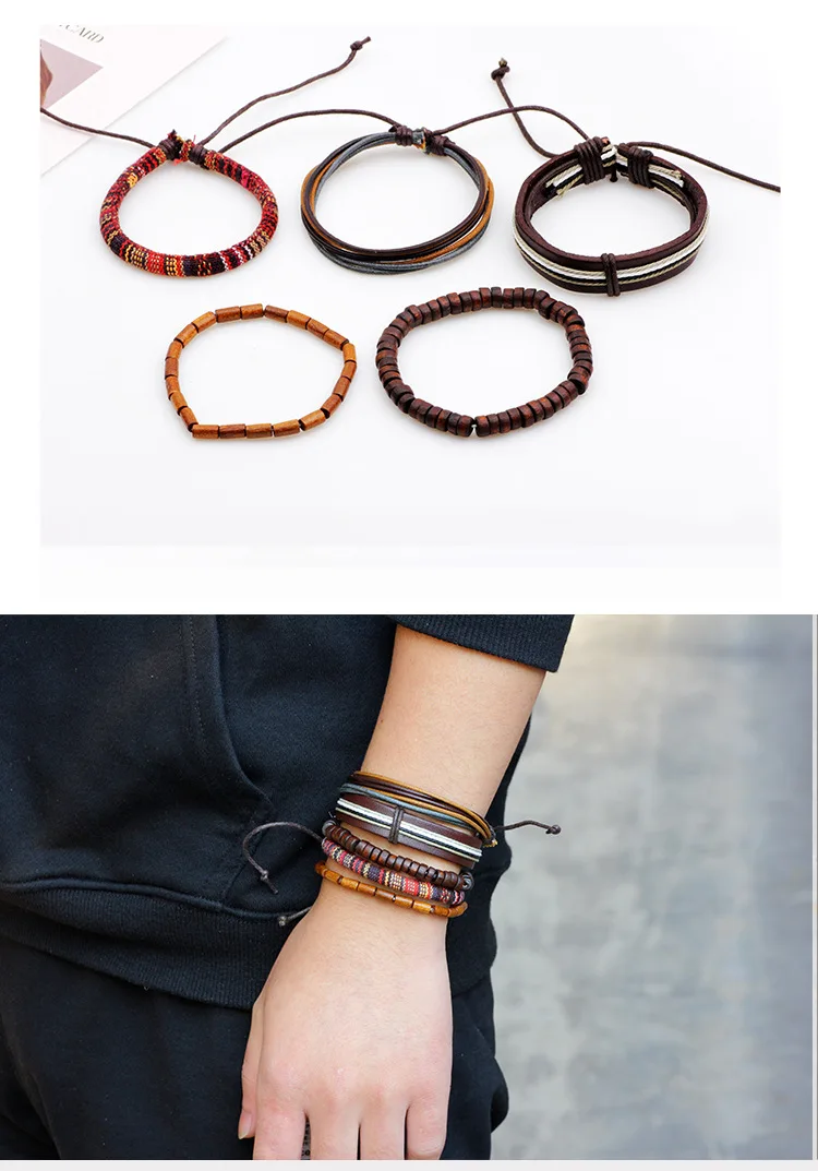 5 шт./компл. Boho Хиппи-панк тибетские светильник темно-коричневые деревянные бусины Обёрточная бумага кожаный шнур слоя стека Браслеты комплект для мужчин и женщин;