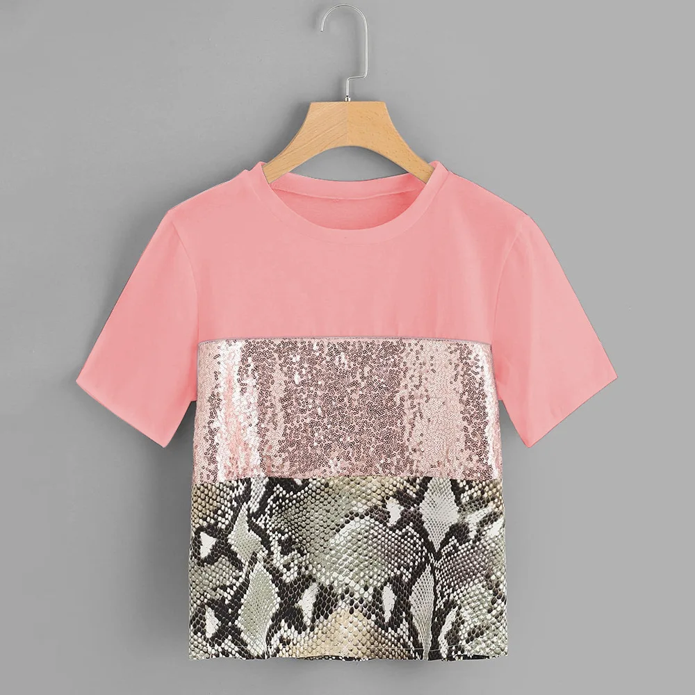 Контрастная Футболка с блёстки панель шикарная Женская одежда круглым вырезом