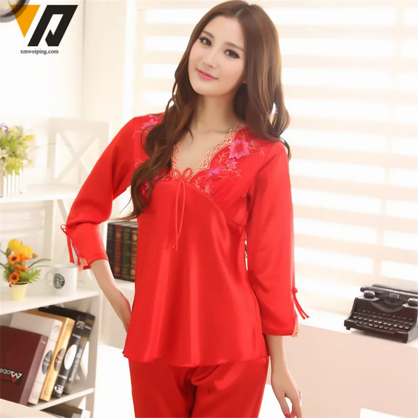 Xmweiping женские шелковые пижамный комплект атласные пижамы сезон: весна–лето