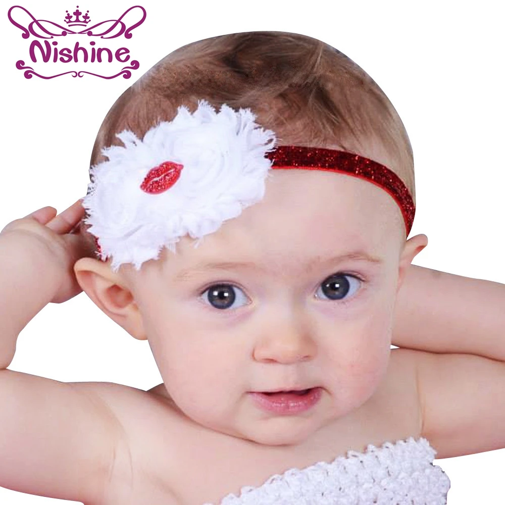 

Nishine New Red Lips Valentine's Day Girl Headwear Shabby Flower Headbands Photography Props Kids Bandage Head Accessories